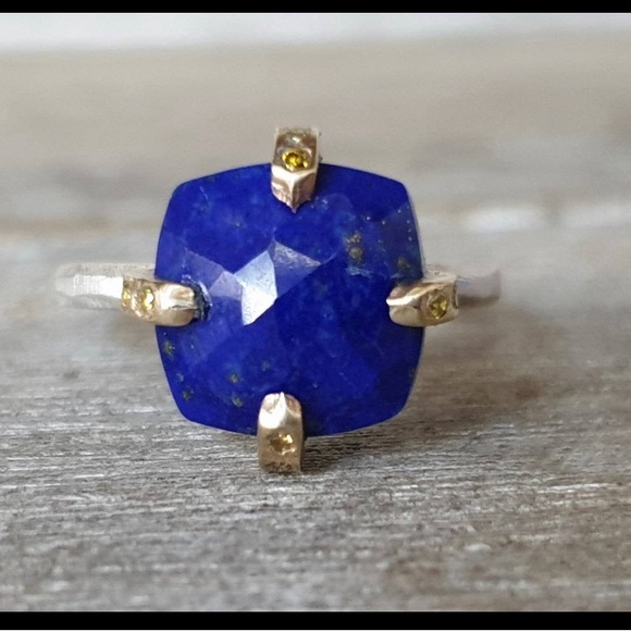 Designer lapis ring 14k prongs with cognac diamonds - Picture 3 of 6